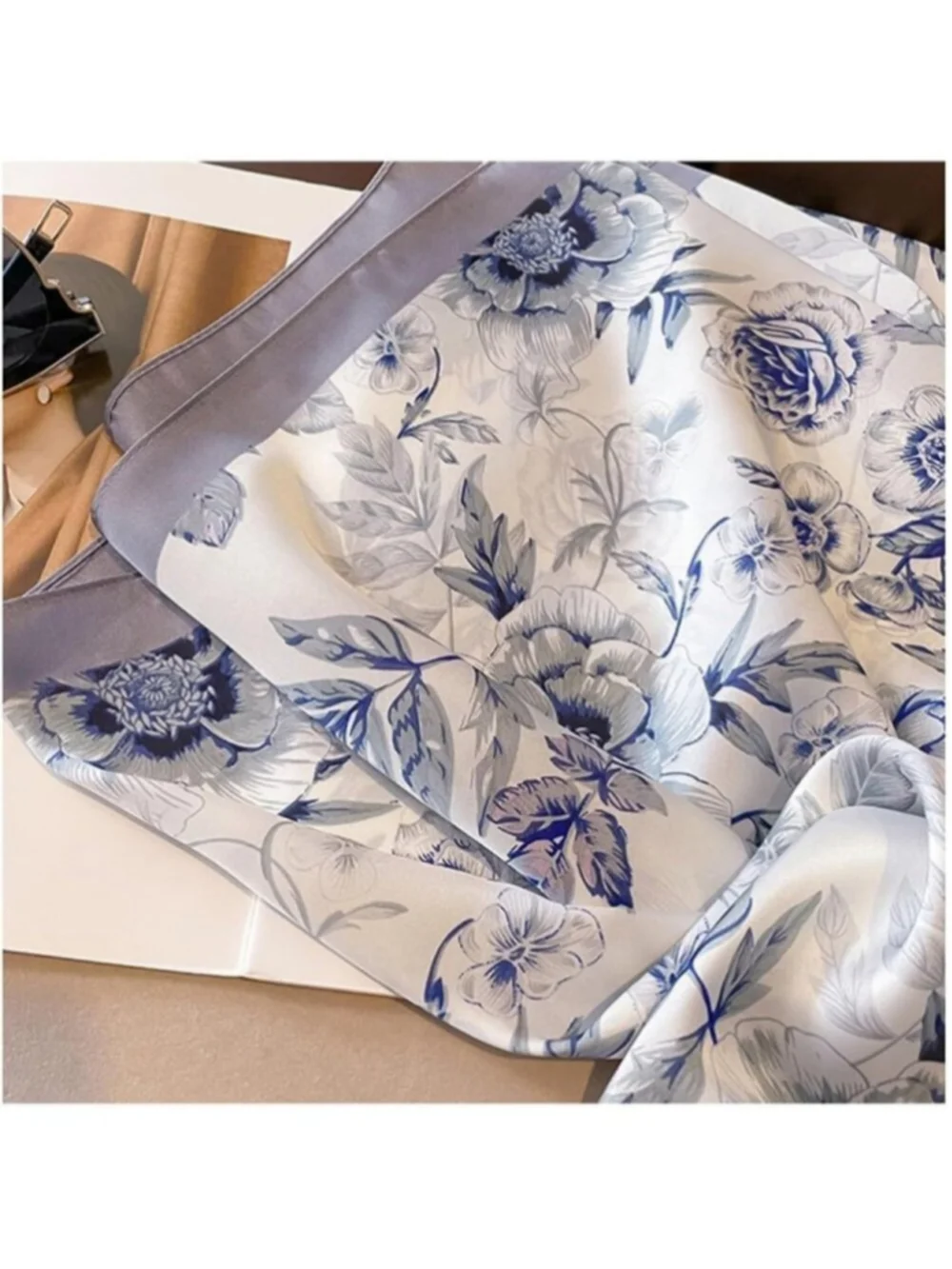 Women's Blue Lightweight Silk Like Scarves Flower Print Head Cotton Wrap Scarf